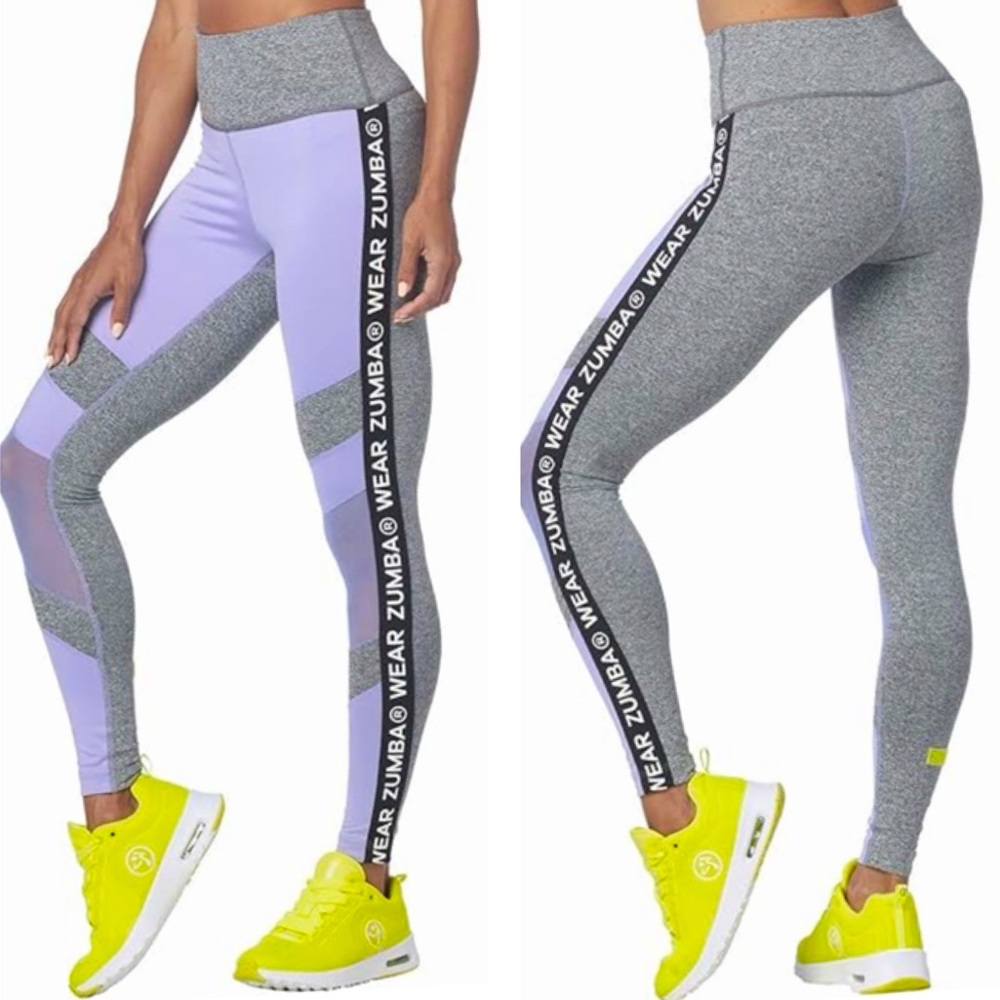 Zumba NWT High Waisted Mesh Panel Zumba Graphic Tuxedo Stripe Athletic Legging